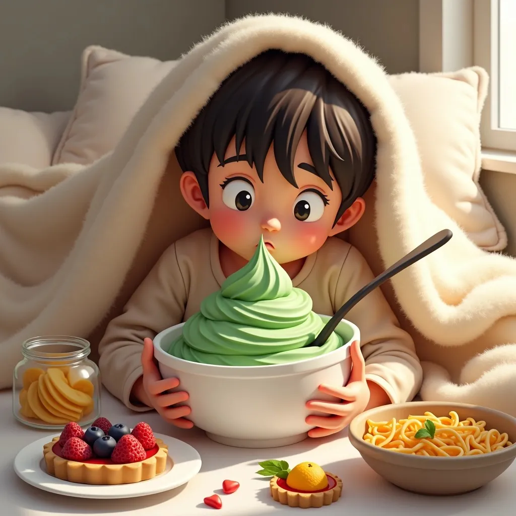 Illustration d'un enfant sous une couverture qui mange un dessert