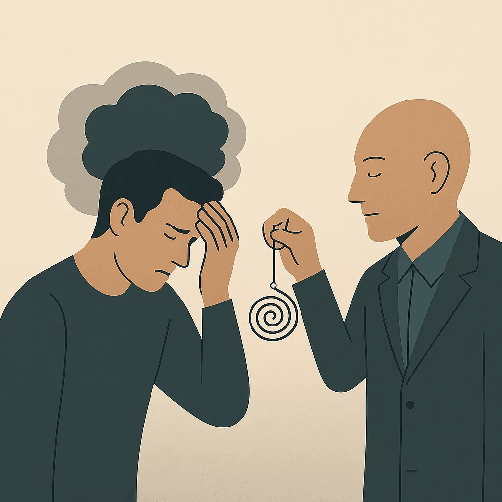 Illustration d'un hypnothérapeute face à une personne au visage tourmenté