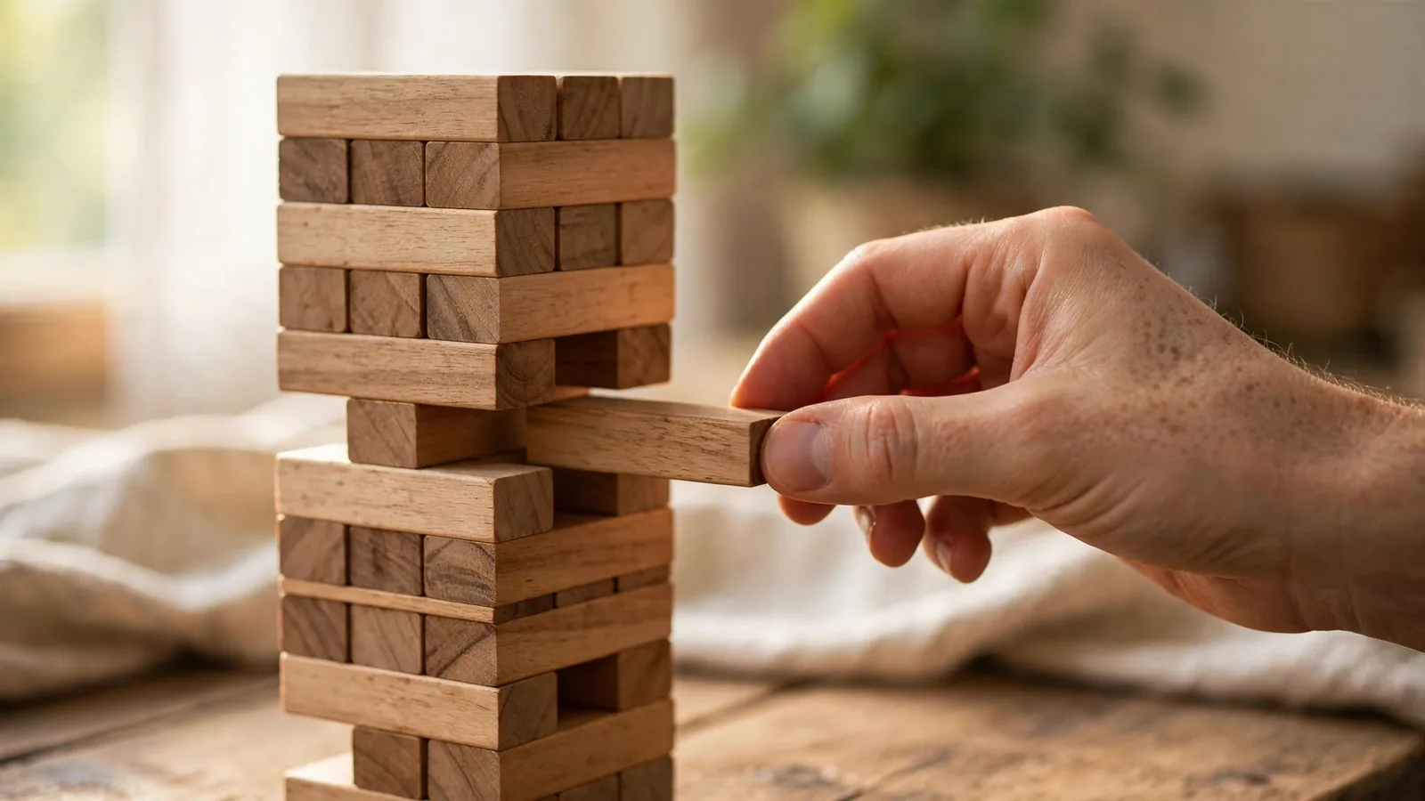 Tour de blocs Jenga en équilibre précaire
