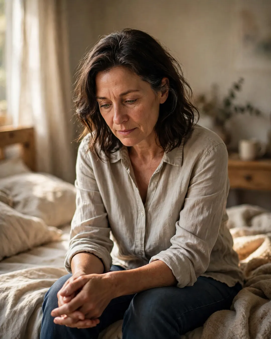 Femme assise au bord de son lit dans la lumière du matin — l'image de la fatigue de l'espoir