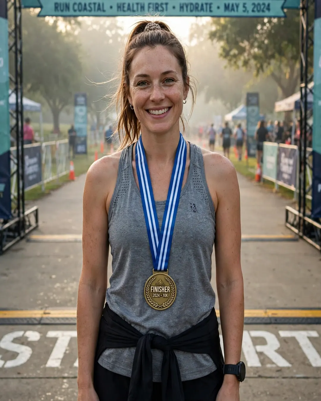 Coureuse souriante portant une médaille, debout sur la ligne de départ avant une course
