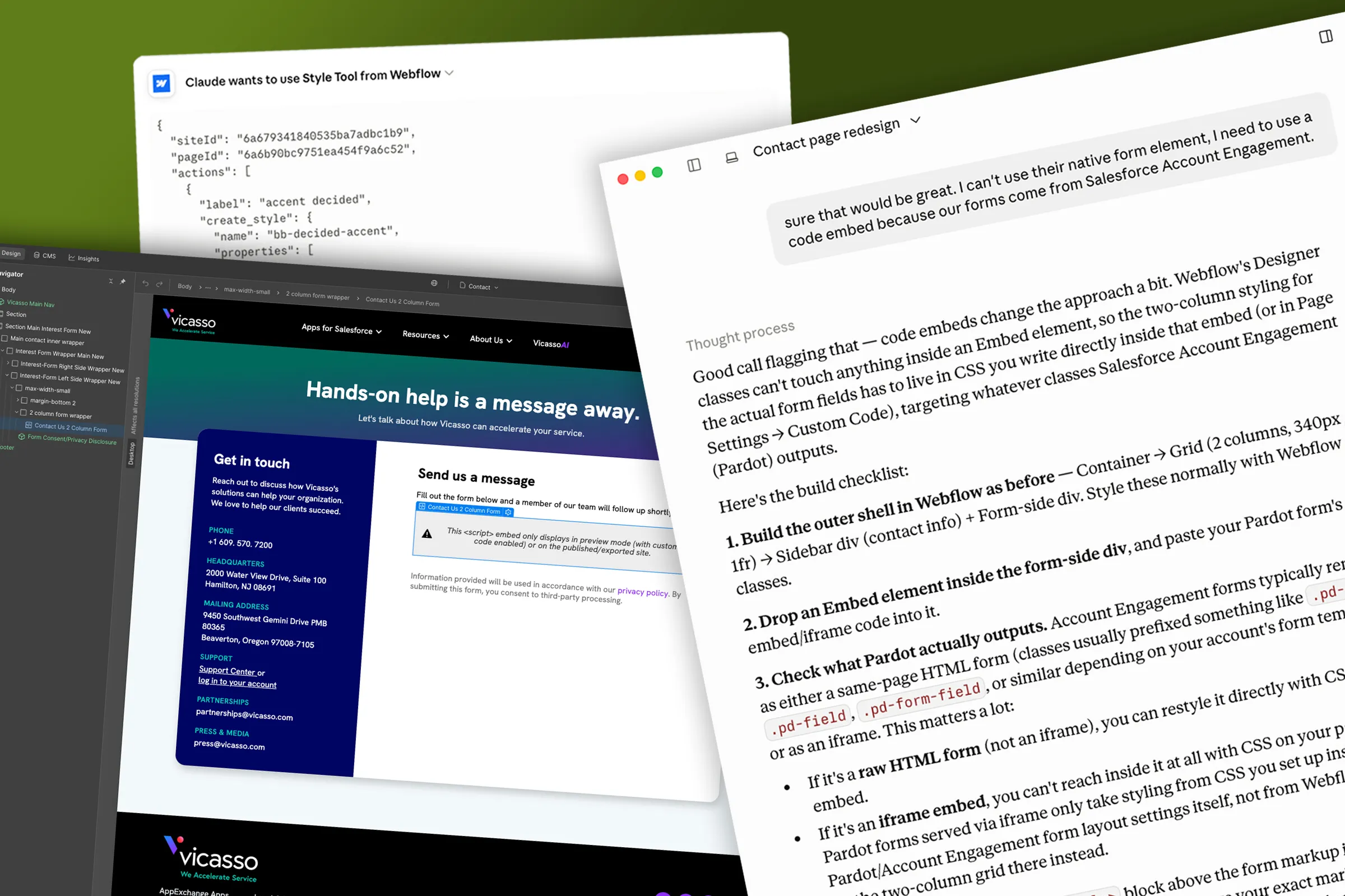 the Webflow Designer, Claude requesting approval, and the exchange correcting the form approach
