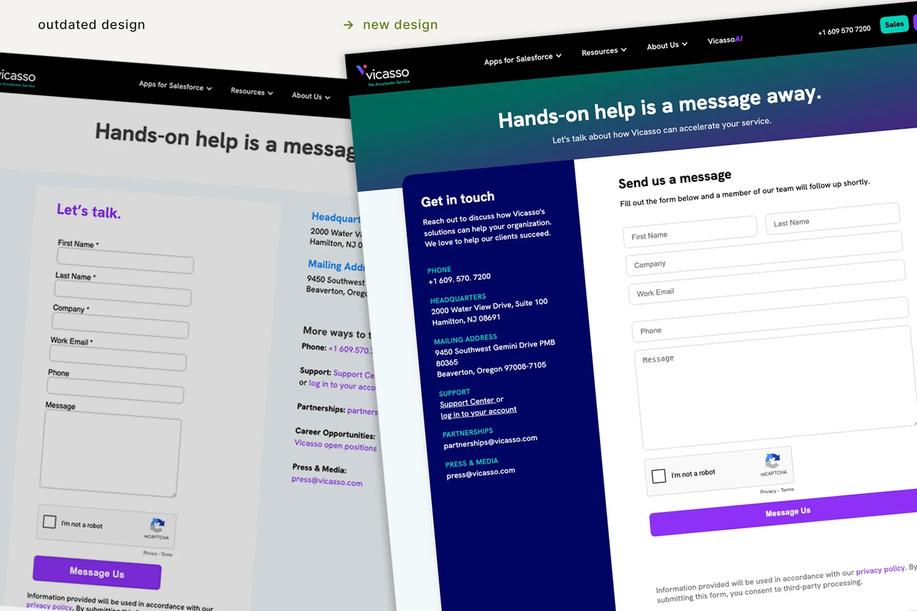 old contact page design with the new, modern, ai-aided contact page design