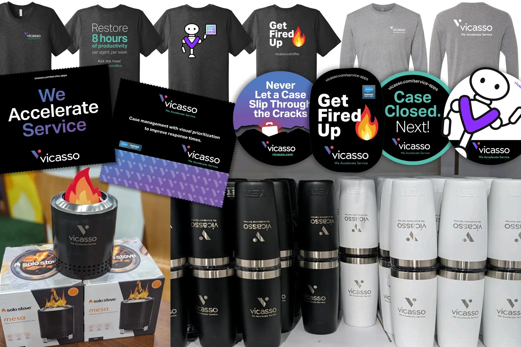 An assortment of promotional products designed for the Vicasso trade show program