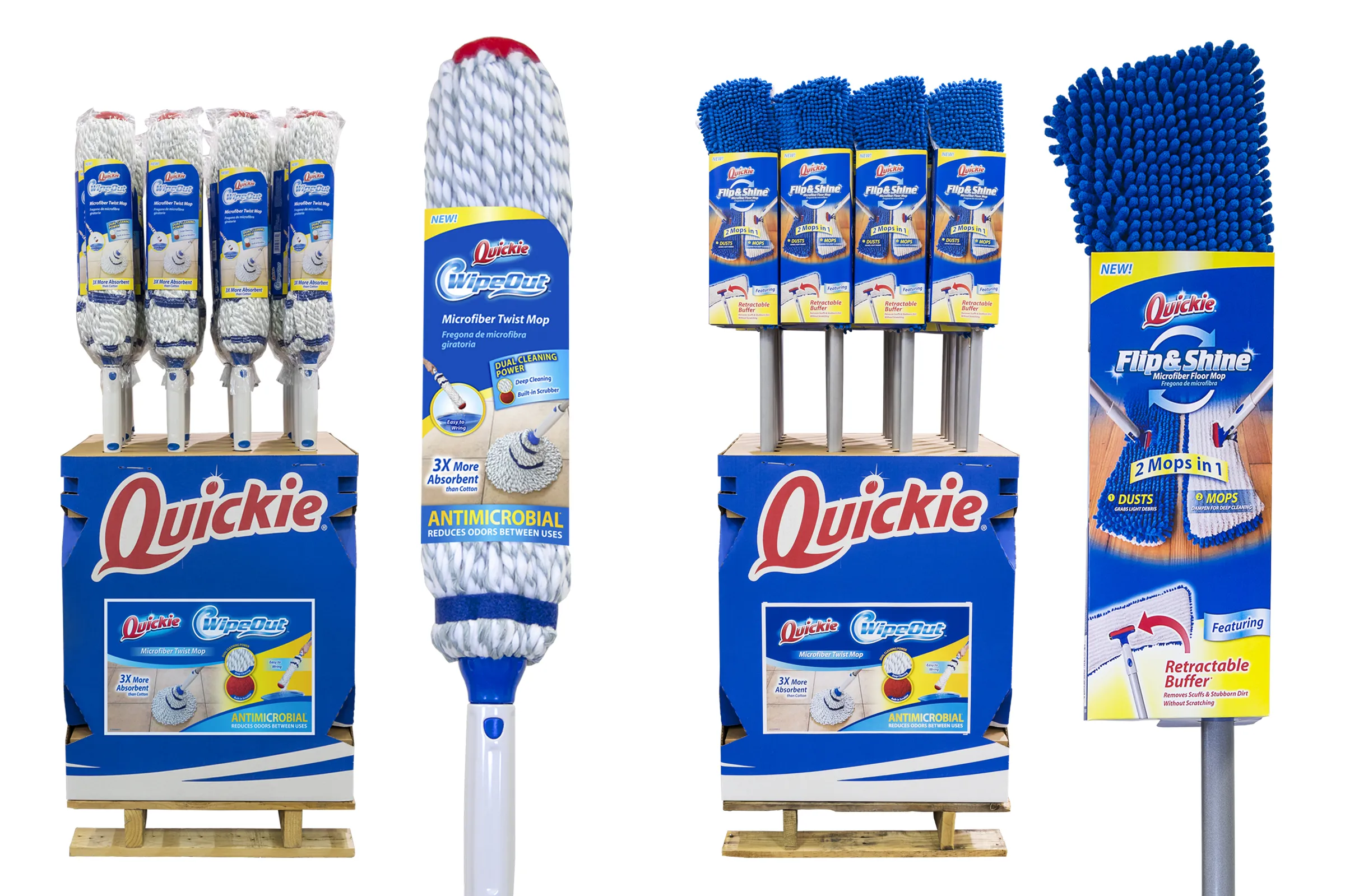 photos of Quickie mops with packaging and in quarter pallet displays.
