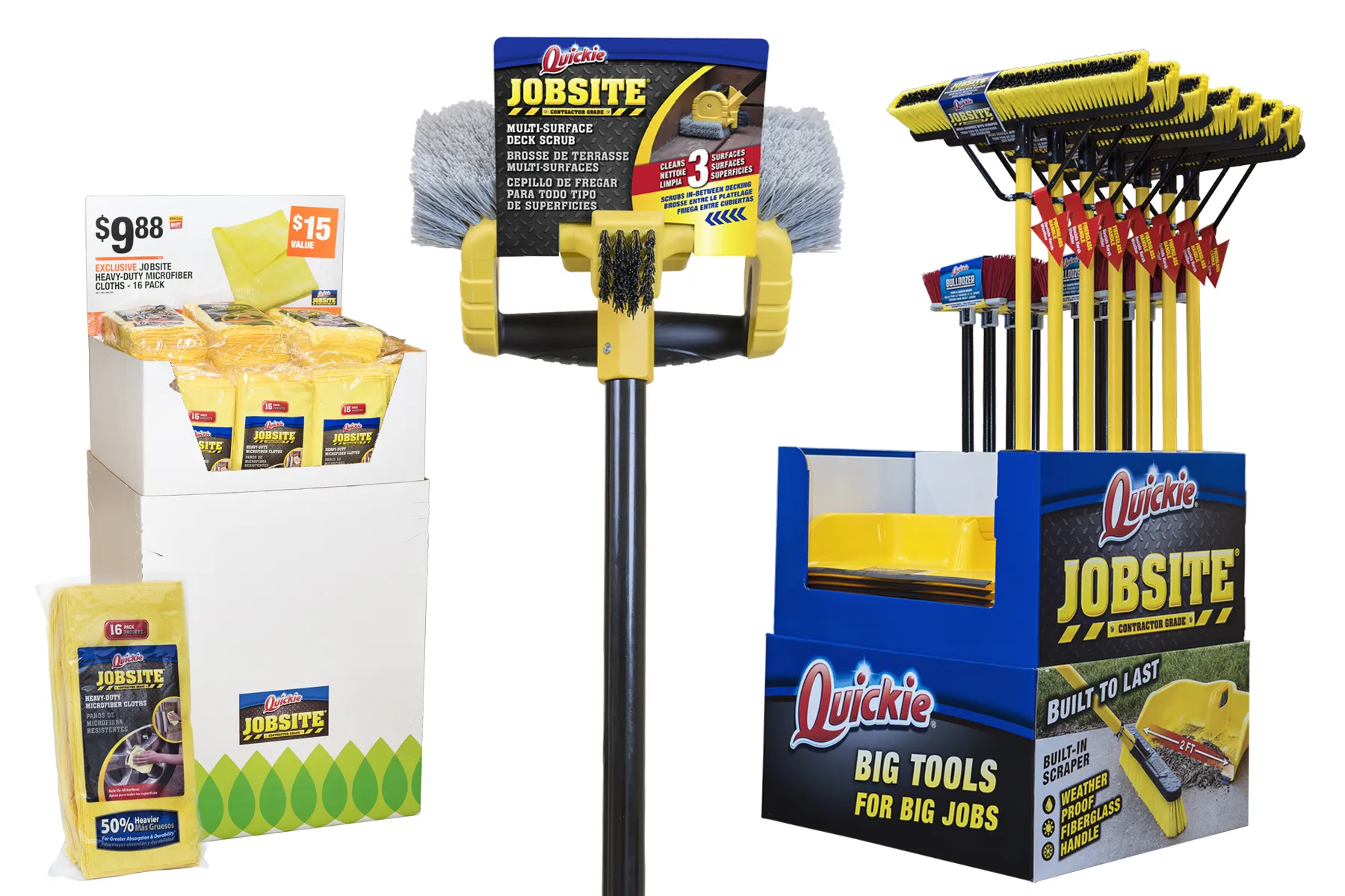 a collection of packaging and retail displays designed for the Quickie Jobsite brand.