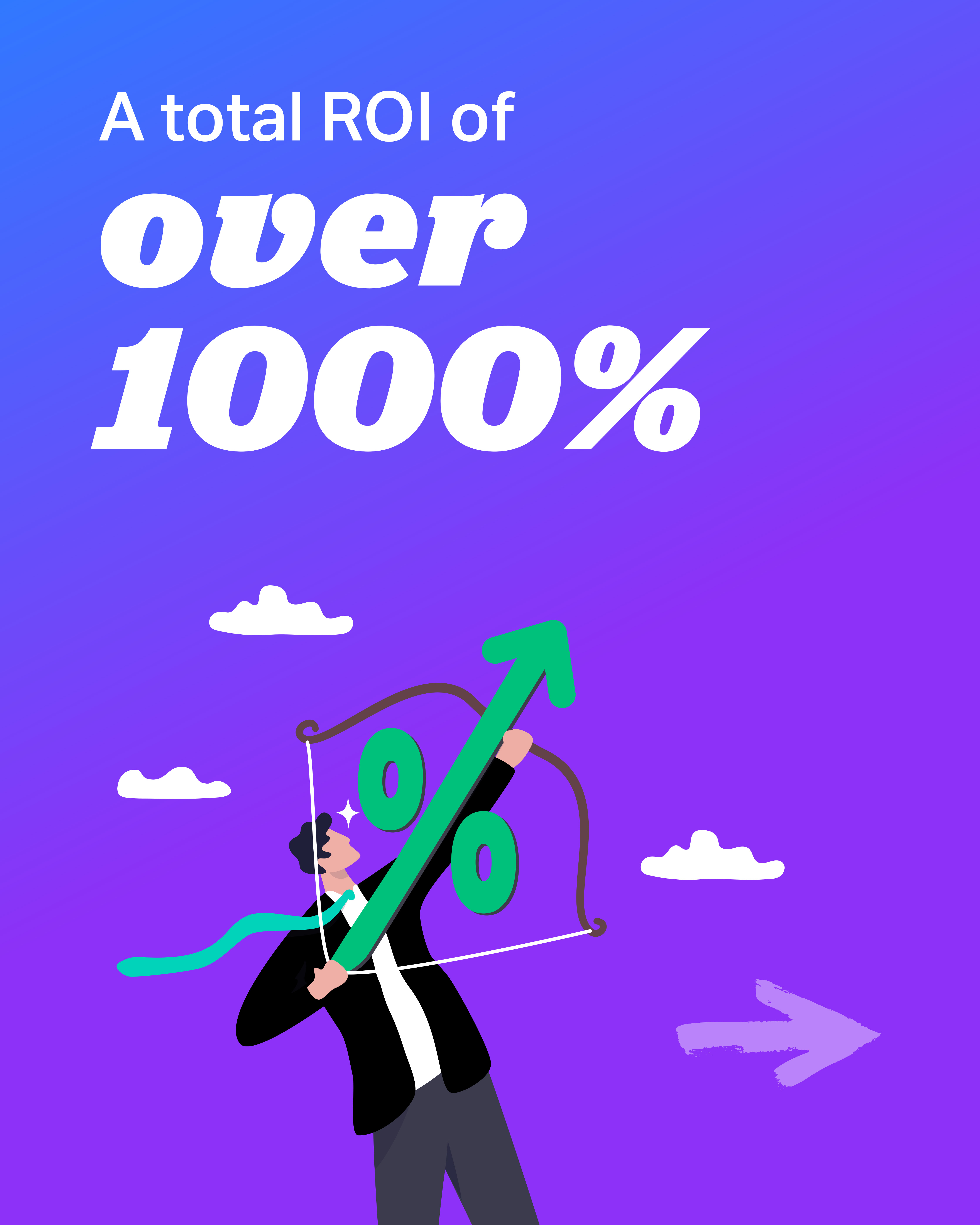 Third card of the carousel: a total ROI of over 1000%, shown as a businessman drawing a bow with a rising green arrow.