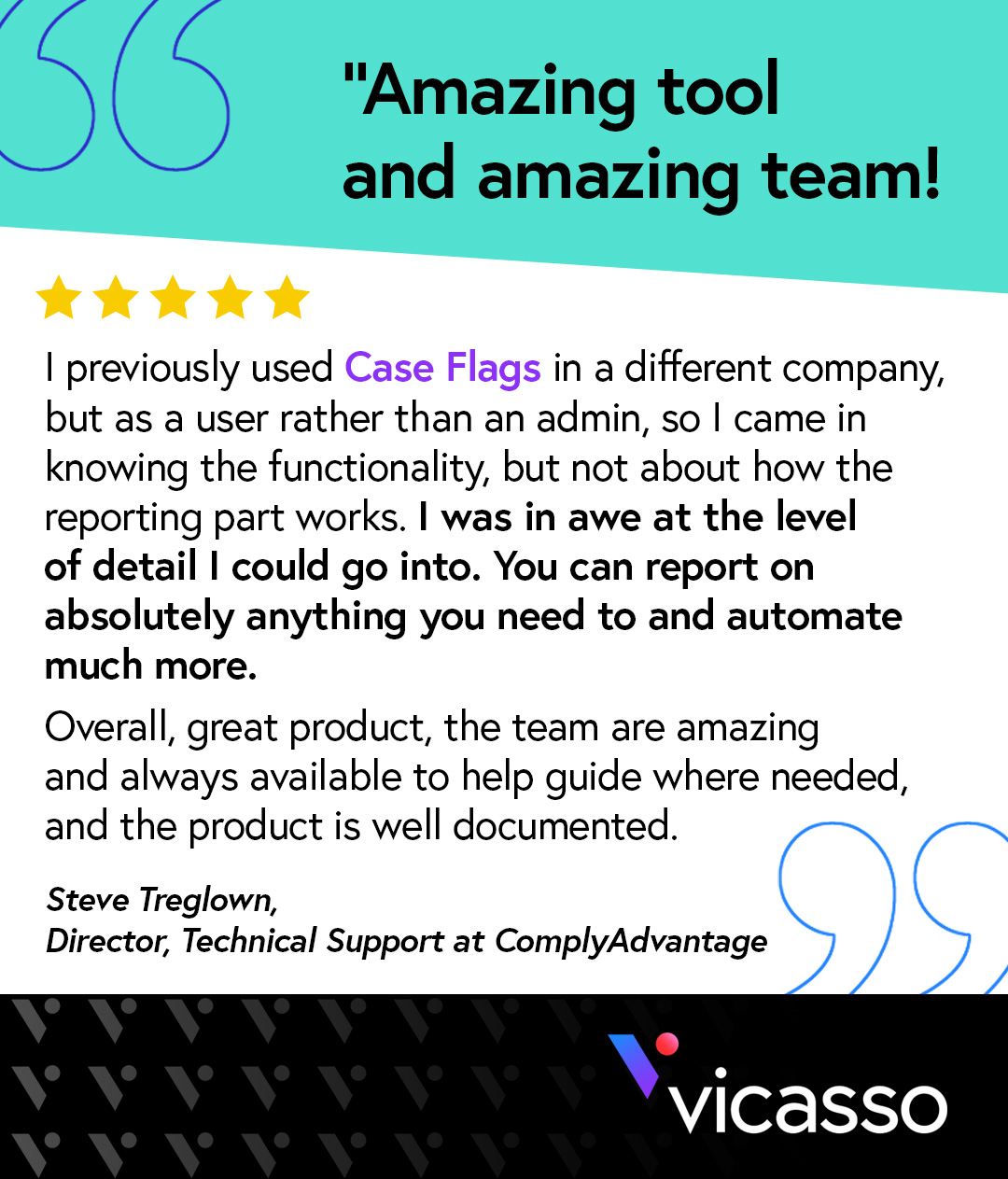 LinkedIn post with a five-star customer quote about Case Flags, "Amazing tool and amazing team!", from Steve Treglown, Director, Technical Support at ComplyAdvantage.