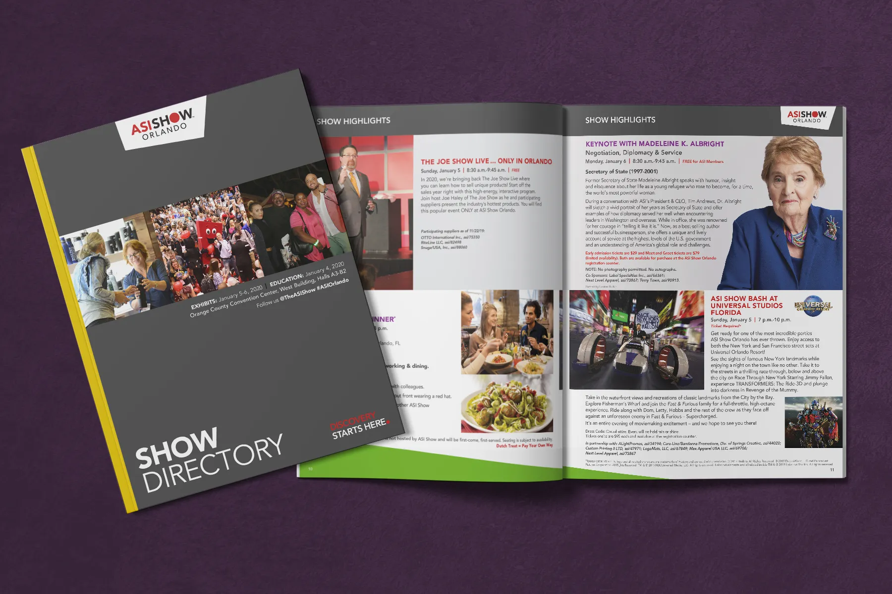 The ASI Show Orlando 2020 Show Directory: front cover and an open show highlights spread featuring the Madeleine Albright keynote.