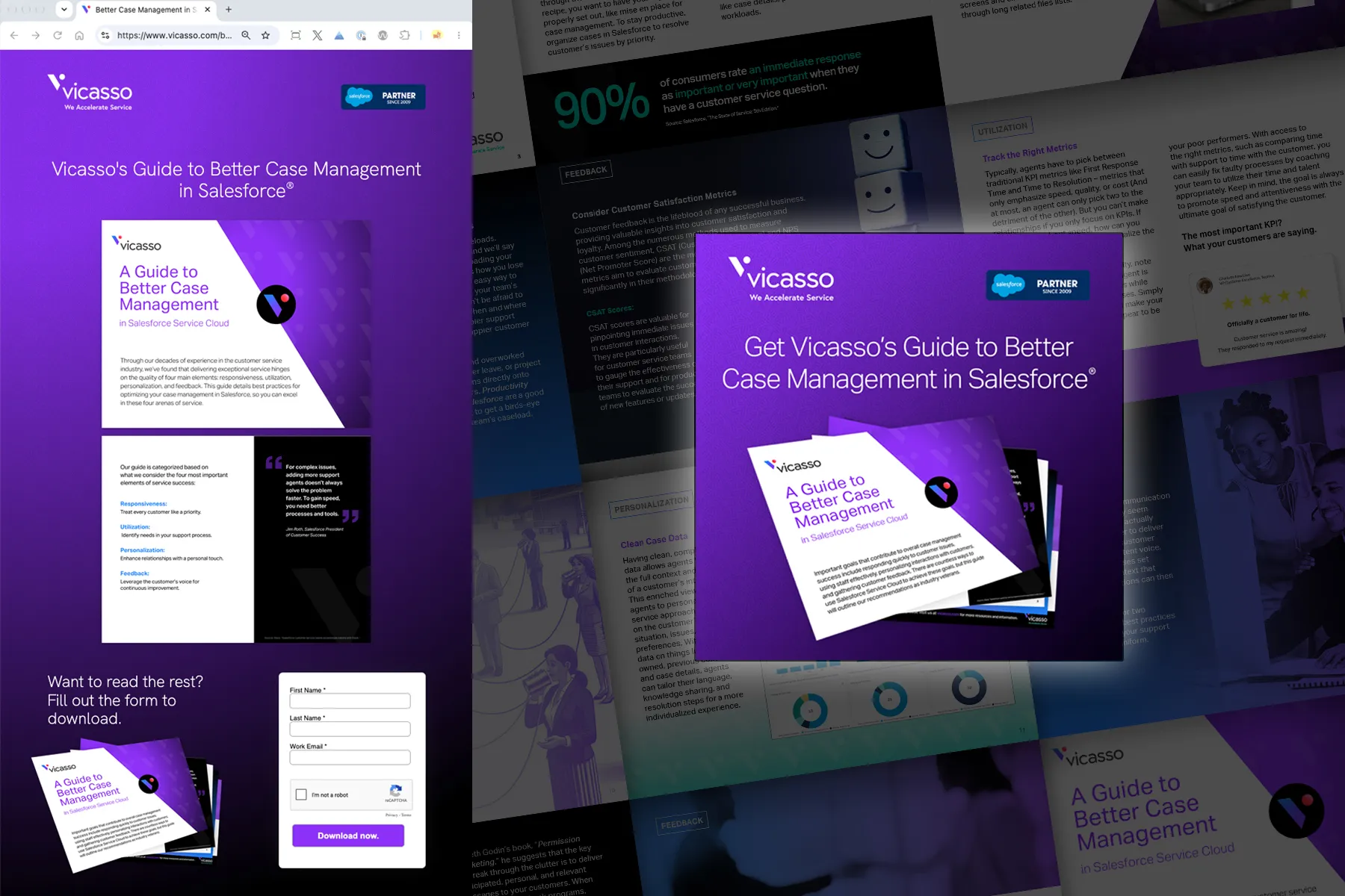 Case management guide campaign for Vicasso: the Reddit ad, the landing page with its download form, and interior pages from A Guide to Better Case Management in Salesforce Service Cloud.