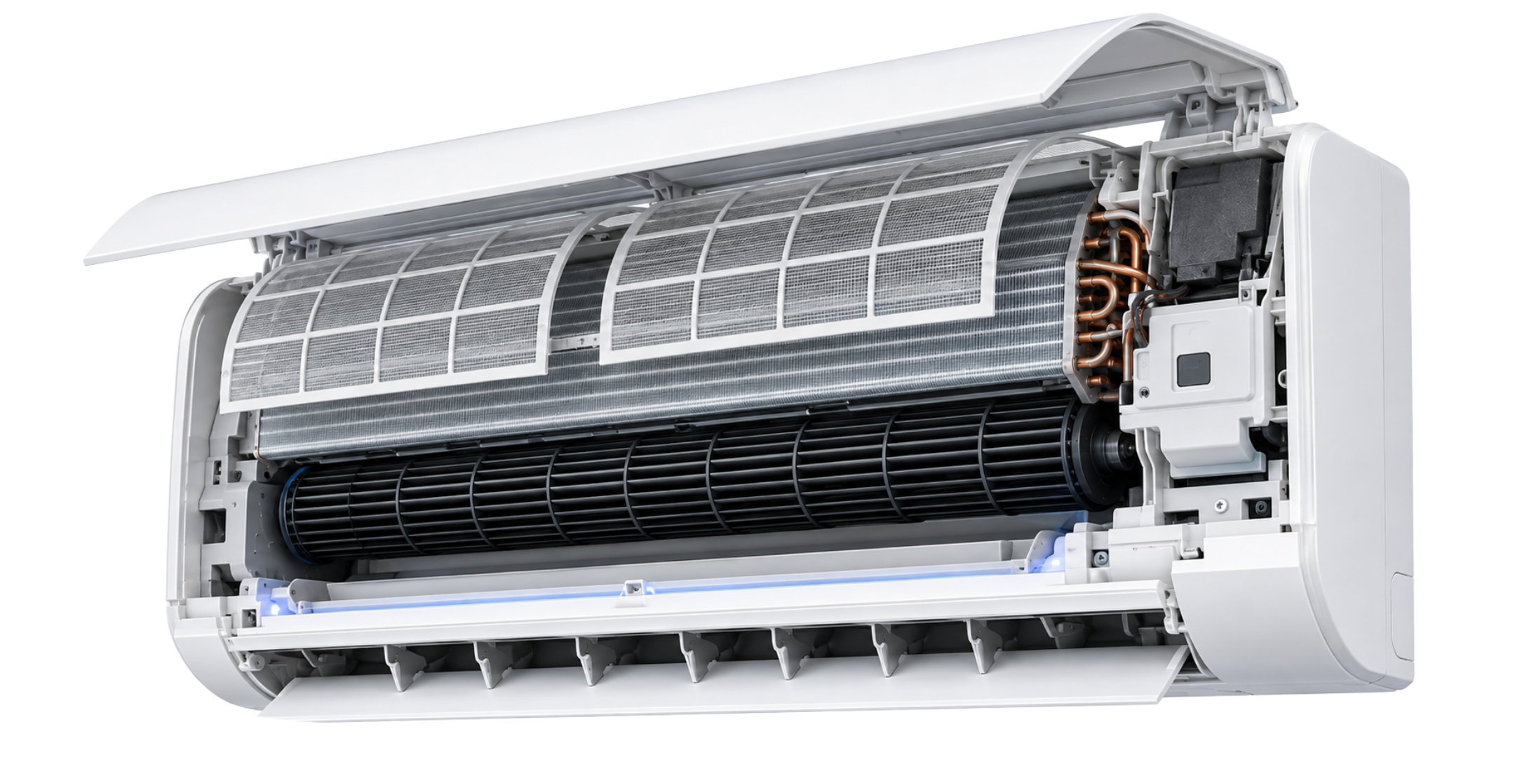 Thermopompe murale ouverte montrant ses composants intérieurs