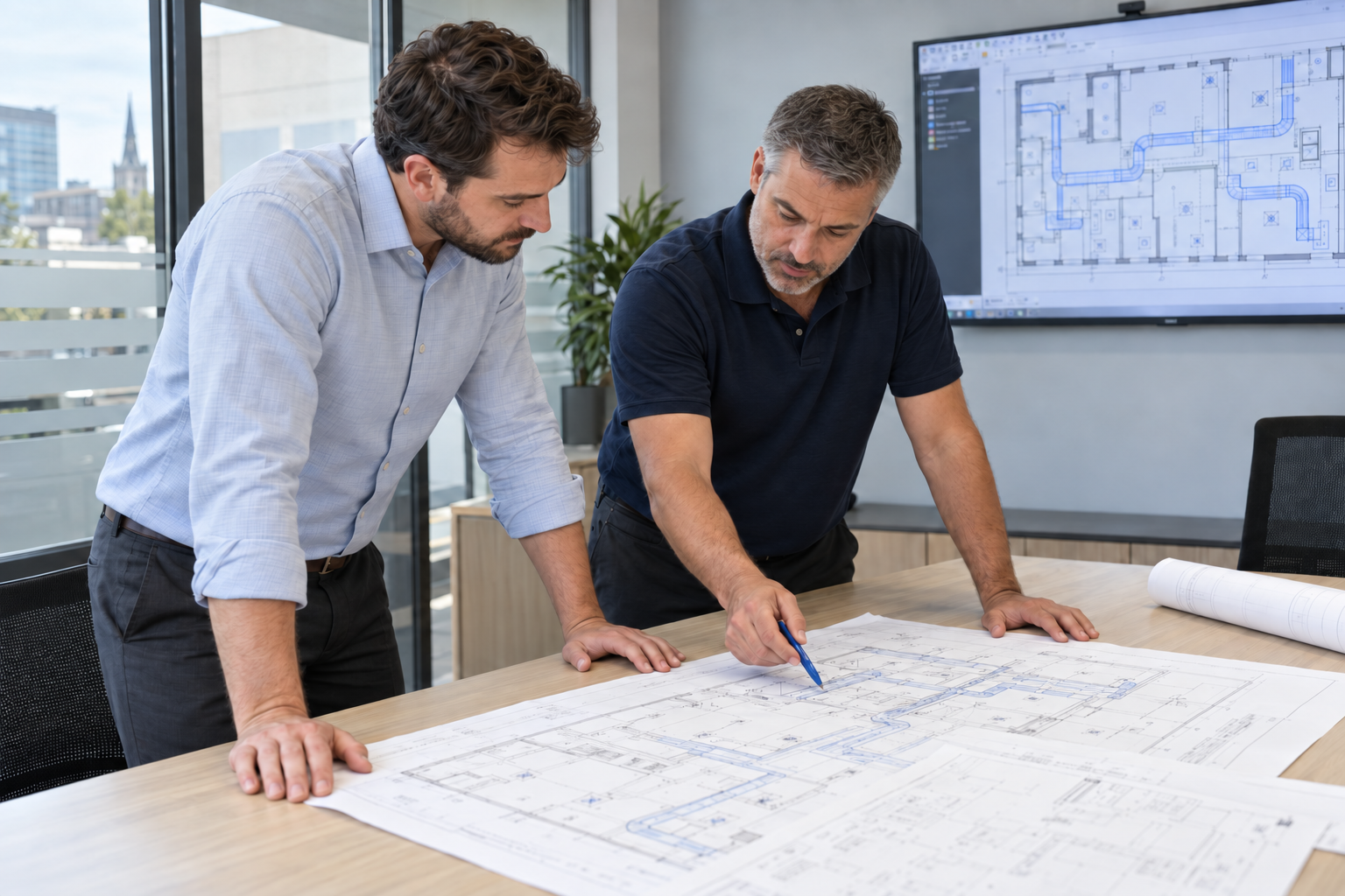 Professionnels consultant les plans mécaniques d’un système de ventilation commercial
