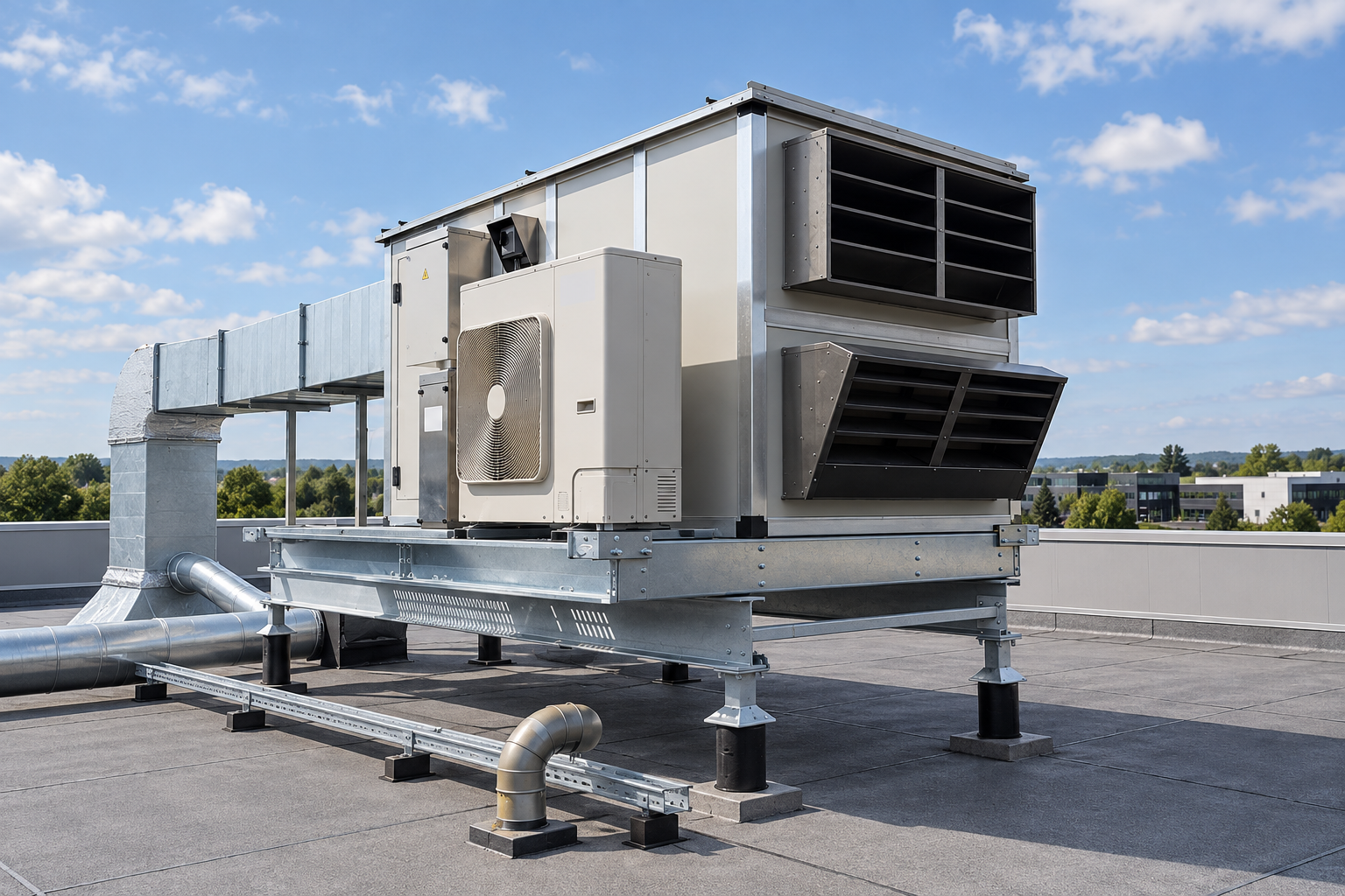 Unité de traitement d’air sur le toit d’un immeuble commercial