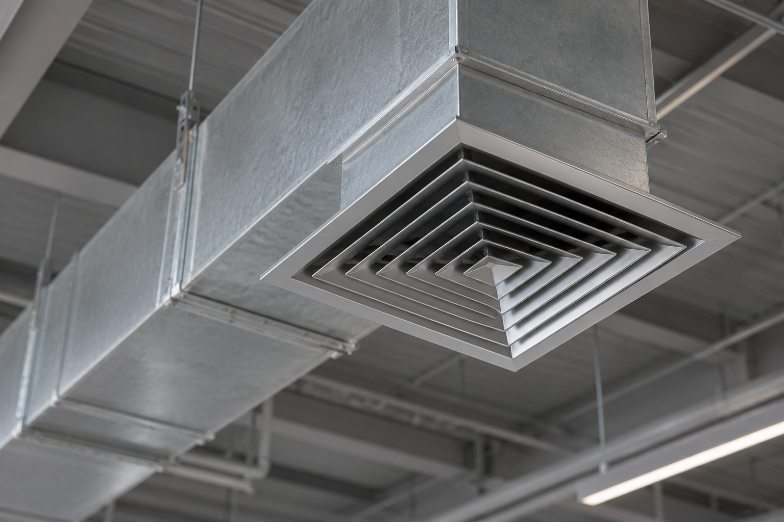 Réseau de conduits et diffuseur de ventilation commercial