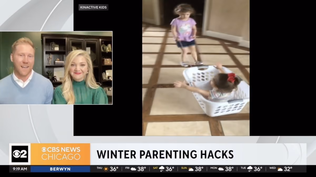 TV news segment still: Dr. Emily Heisey on a morning show discussing winter parenting hacks