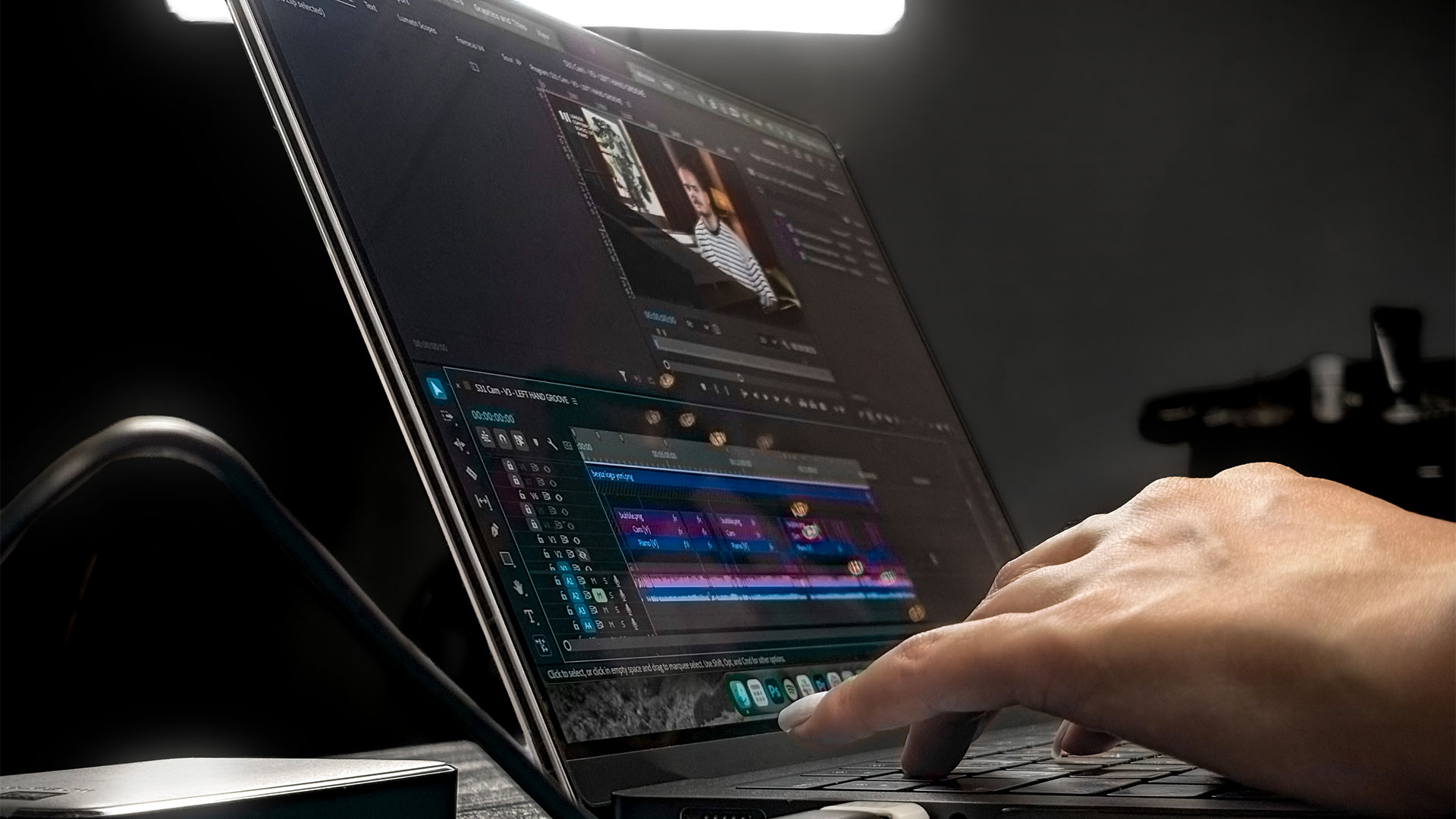 An editing timeline open on a laptop screen