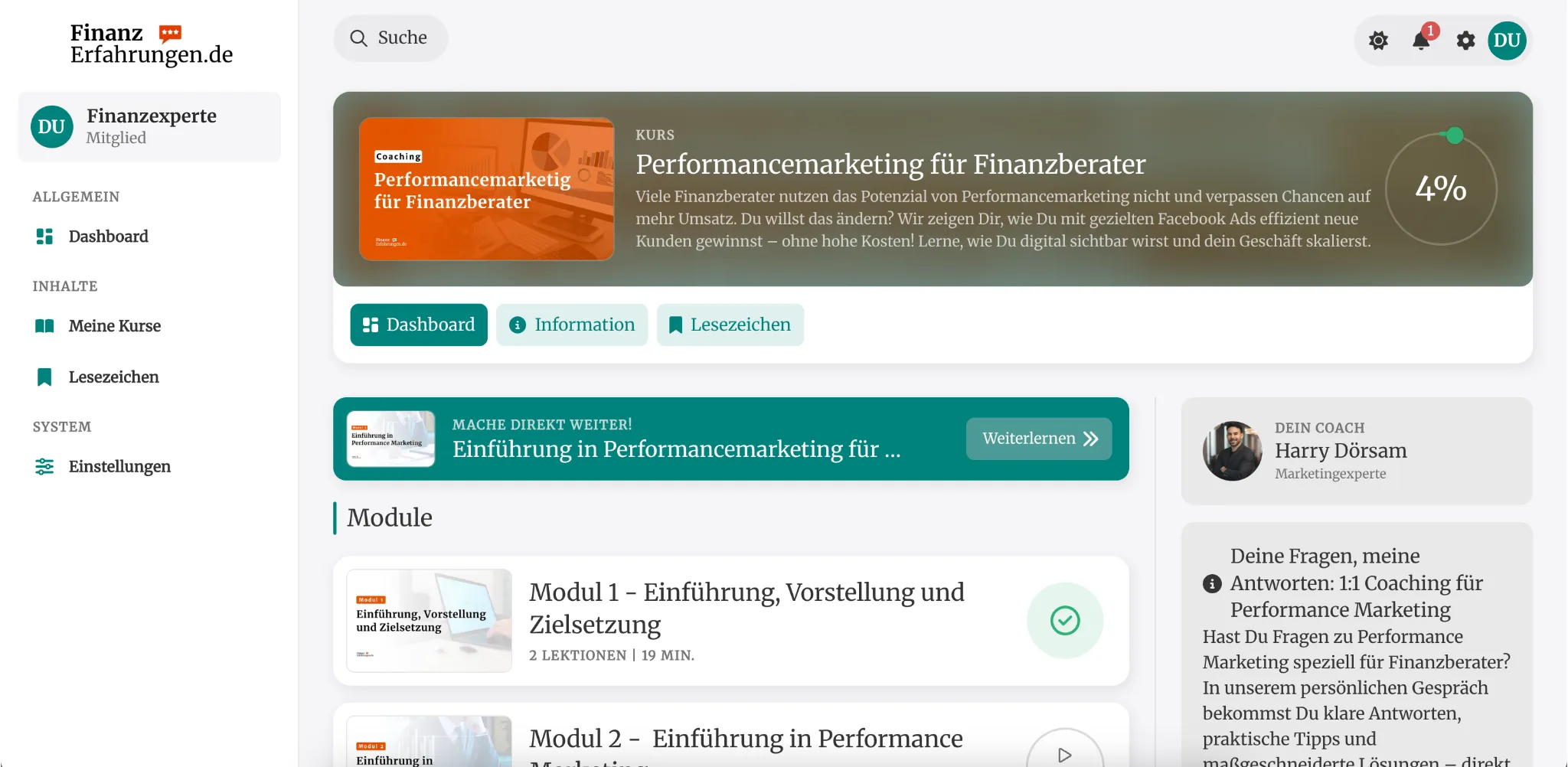 Vorschau der FinLeads-Lernplattform