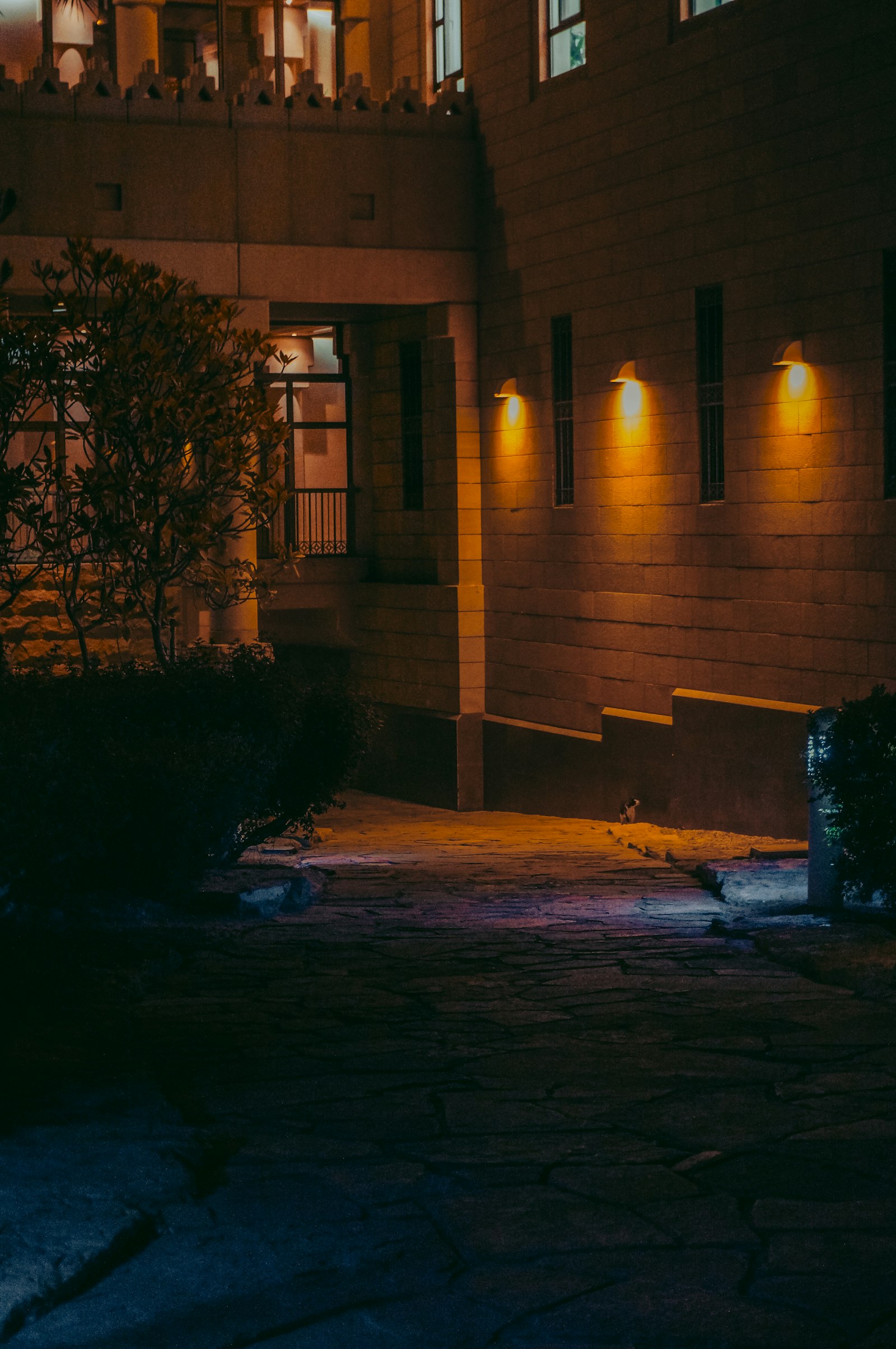 Warm lights on a stone building and path at night in Riyadh