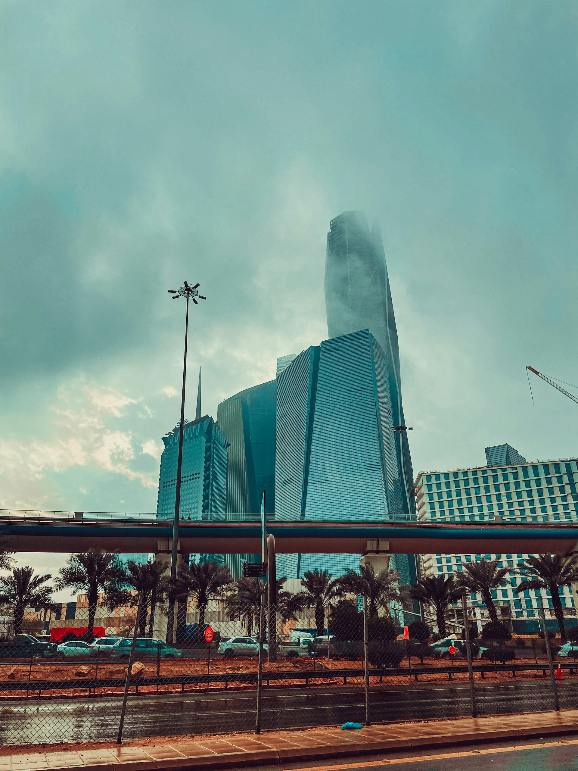Riyadh skyline with tall buildings and palm trees in daylight