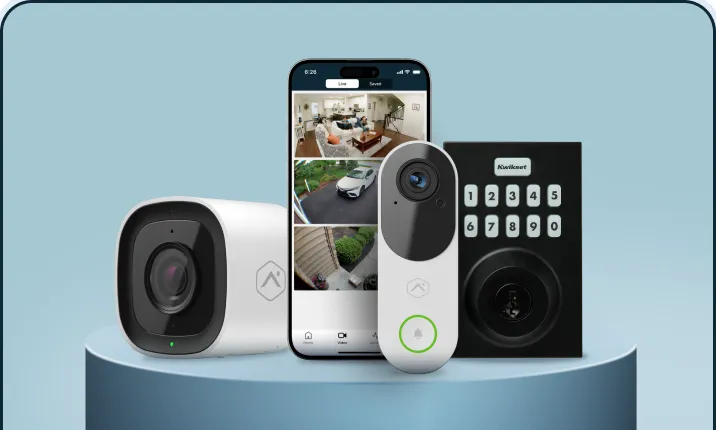 Brinks Home Complete package devices: outdoor camera, video doorbell, smart lock, keypad, touchscreen panel and mobile app