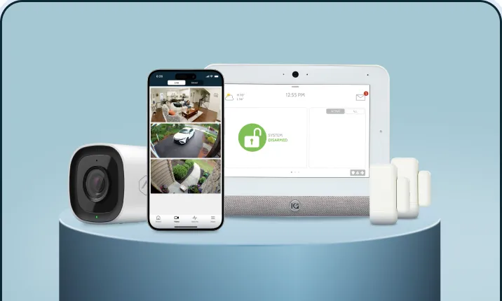 Brinks Home Essential package devices: outdoor camera, touchscreen panel, door and window sensors and mobile app