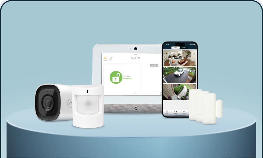 Brinks Home Smart Home package devices: outdoor security camera, motion sensor, touchscreen panel, three door/window sensors, and the mobile app showing live camera views