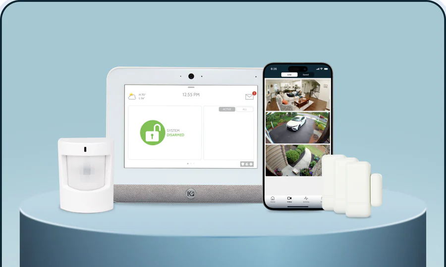 Brinks Home Starter package devices: touchscreen panel, motion sensor, three door/window sensors, and the mobile app showing live camera views