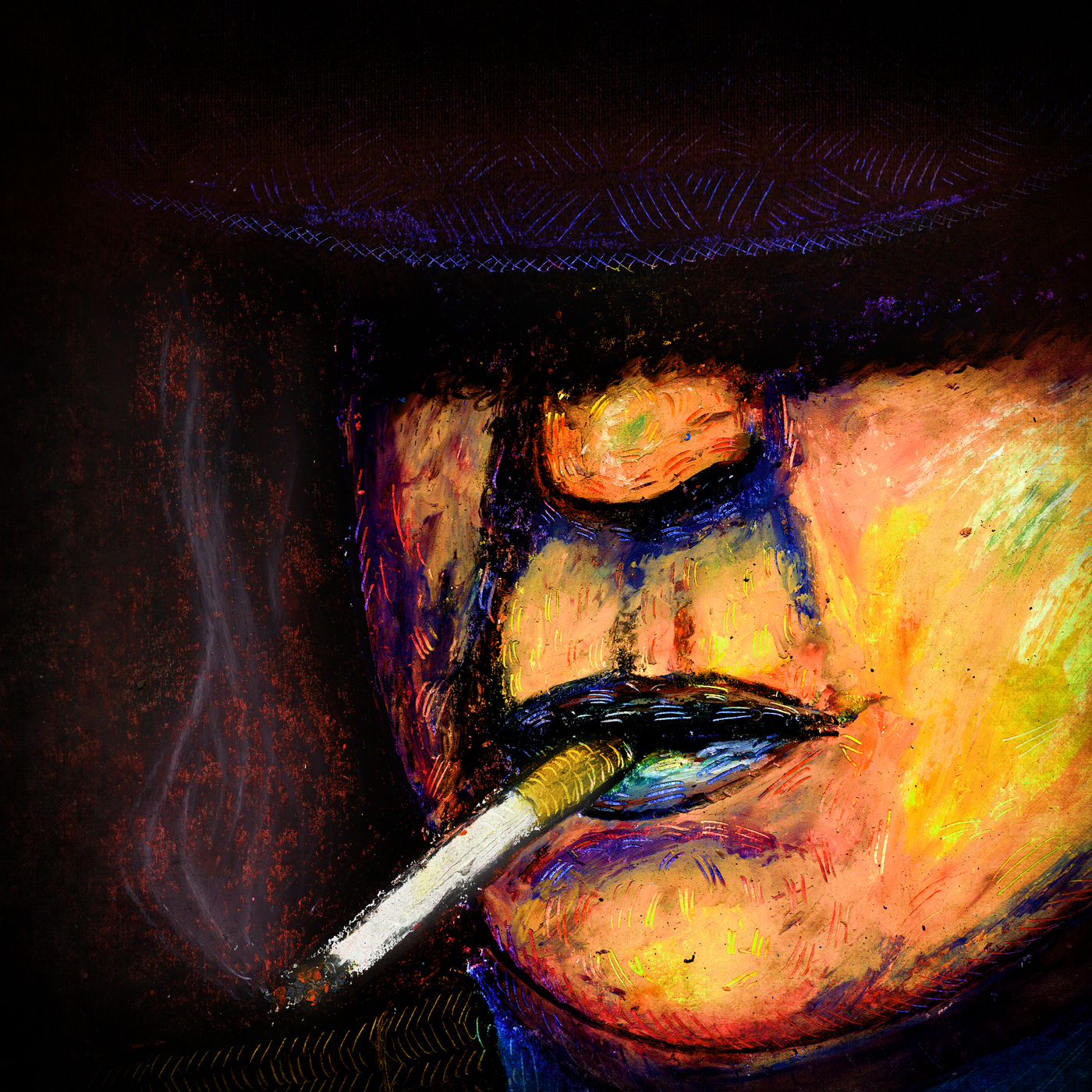 Expressive mixed-media portrait of a blues musician smoking a cigarette, rendered with layered colour, texture and hand-drawn marks.