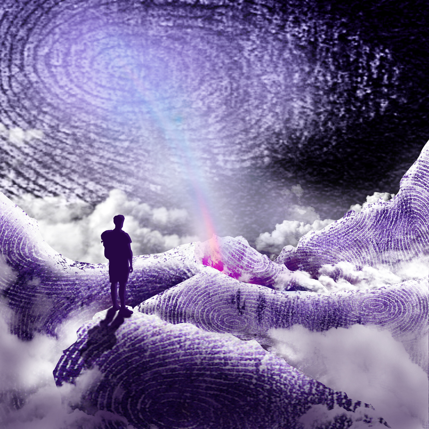 Surreal purple landscape constructed from enlarged fingerprints, clouds and a solitary human figure beneath a fingerprint-patterned sky.