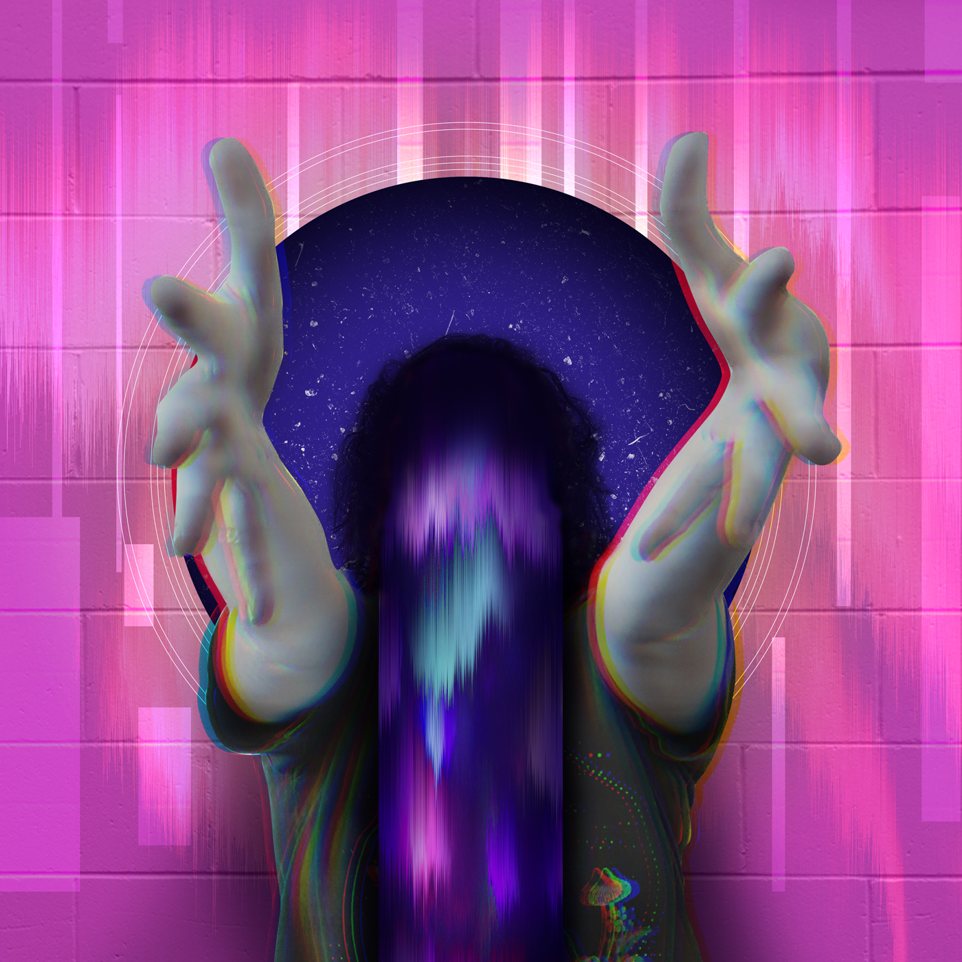 Surreal figure with raised hands and a digitally distorted face, surrounded by circular forms against a vivid pink and purple background.