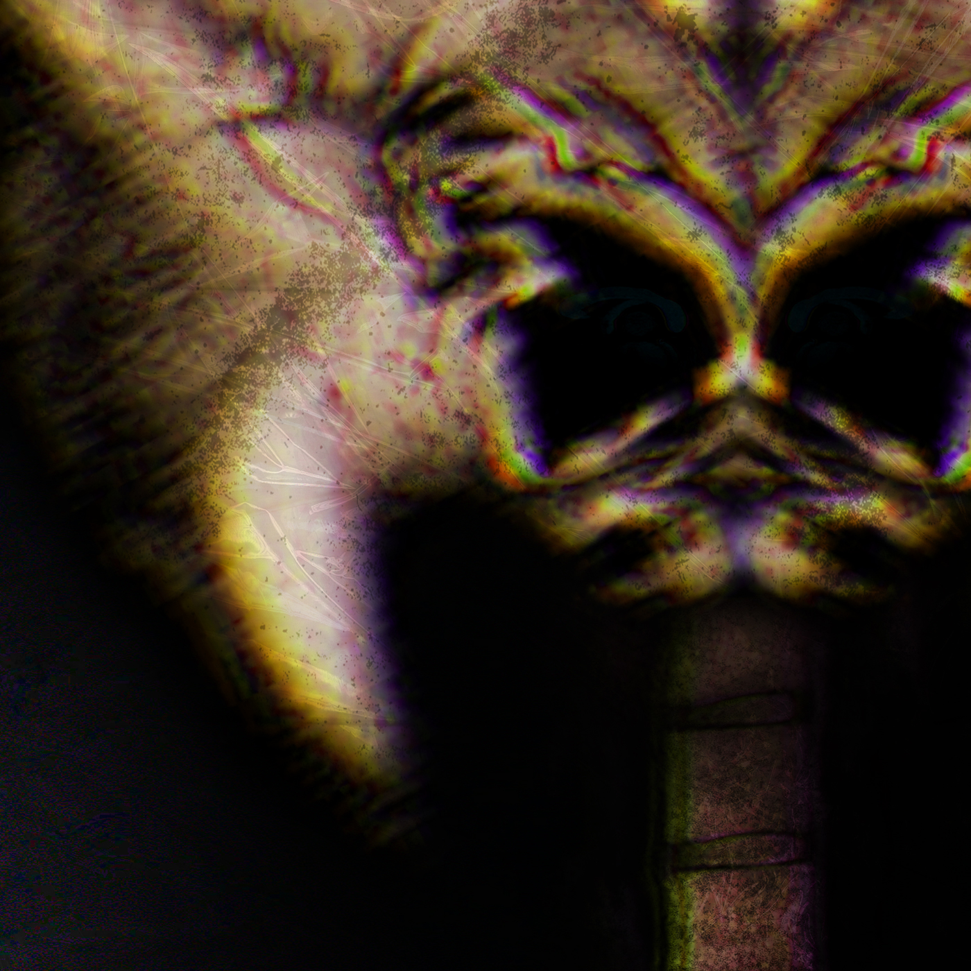 Dark experimental portrait combining medical X-ray and MRI imagery with layered textures and digital distortion to create an unsettling face.