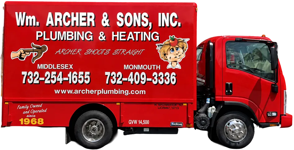 Red truck for Wm. Archer & Sons Plumbing & Heating with contact numbers and website on the side.