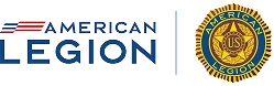 American Legion text logo with red, white, blue stripes and the American Legion round emblem.