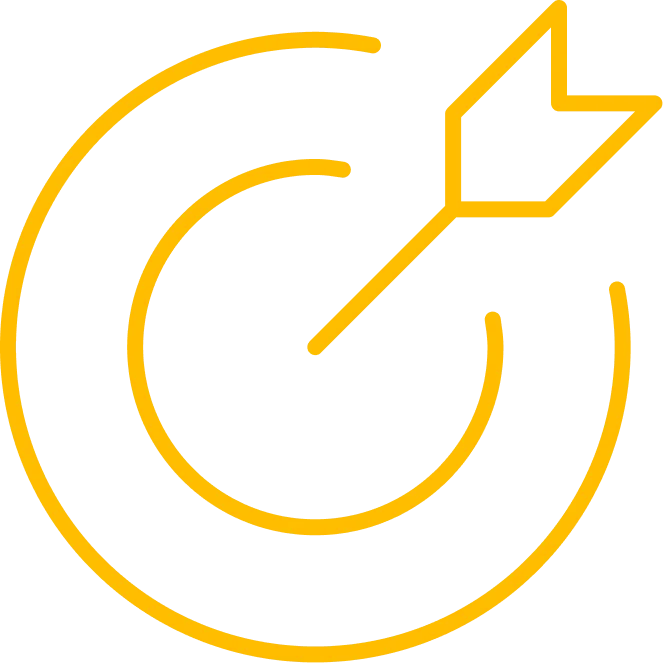 Yellow outline of a target with an arrow hitting the bullseye on a transparent background.