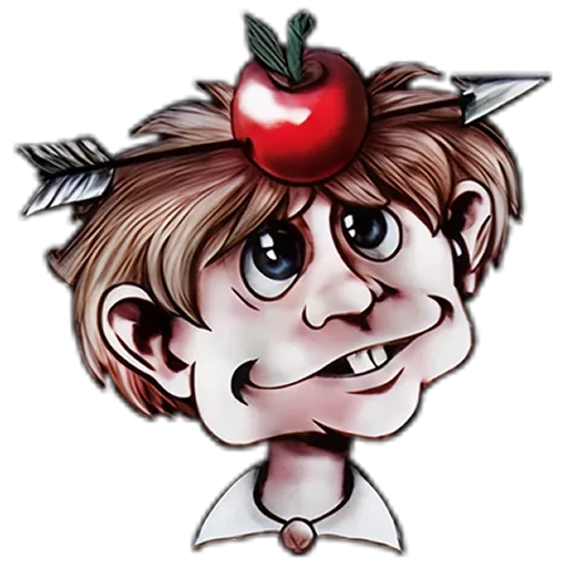 Cartoon boy with big eyes, an apple on his head pierced by an arrow, smiling against black background.