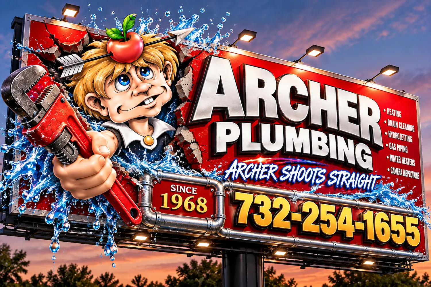 Red truck for Wm. Archer & Sons Plumbing & Heating with contact numbers and website on the side.