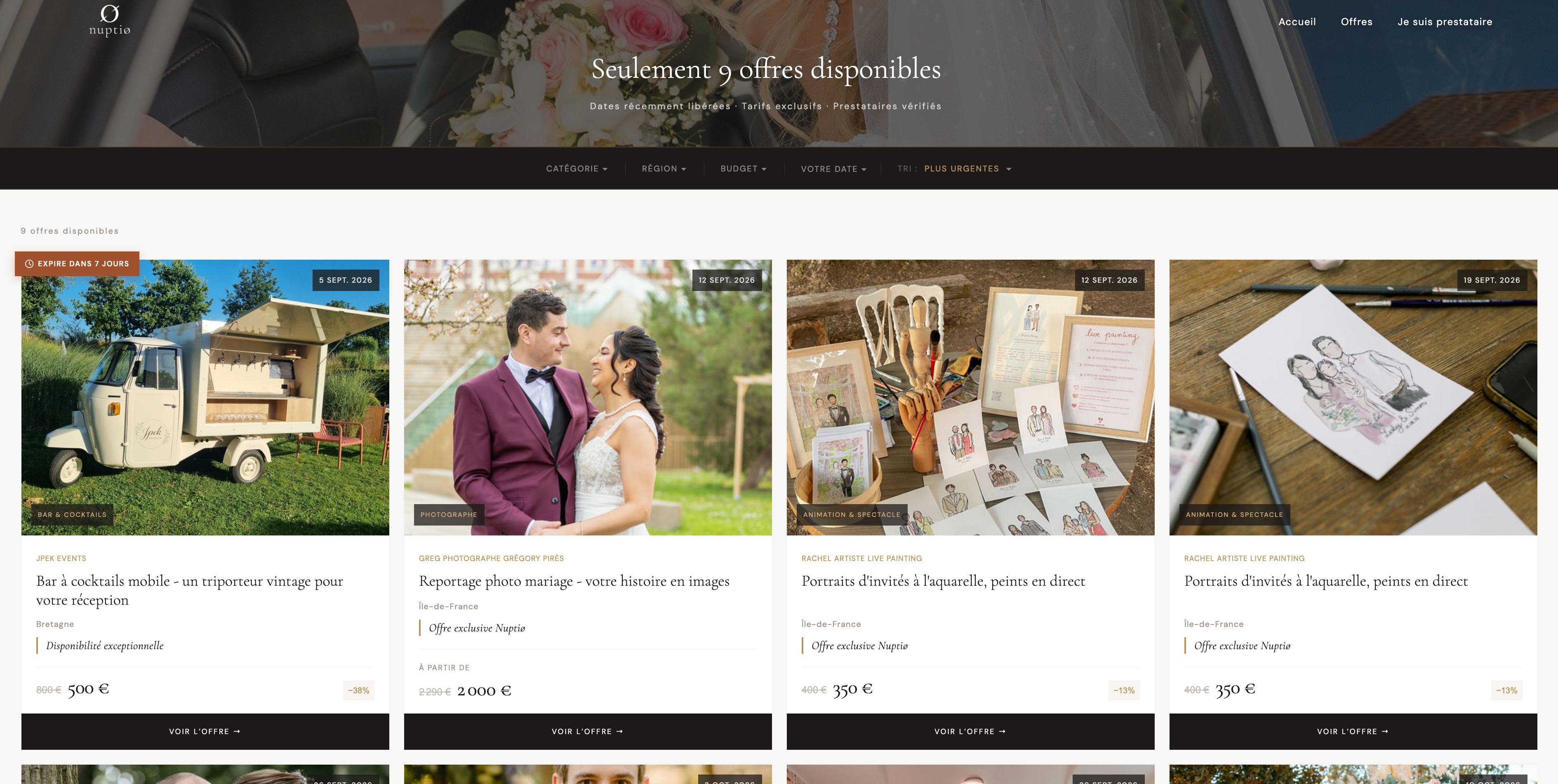 Interface de recherche par date de mariage affichant des prestataires disponibles