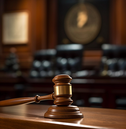 Judge's wooden gavel resting on a polished desk in a courtroom with blurred chairs and emblem in the background.