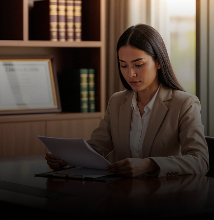 A woman in a beige blazer reading documents at a desk in an office with bookshelves and certificates in the background.