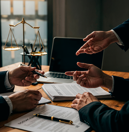 People in business suits discussing contracts at a wooden table with a laptop and a balanced scale in the background.