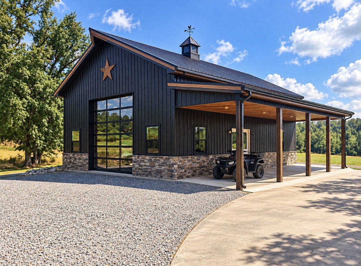 North Star barn NS-02 — black post-frame barn with stone wainscot, copper star and a full-height glass gable wall, Middle Tennessee