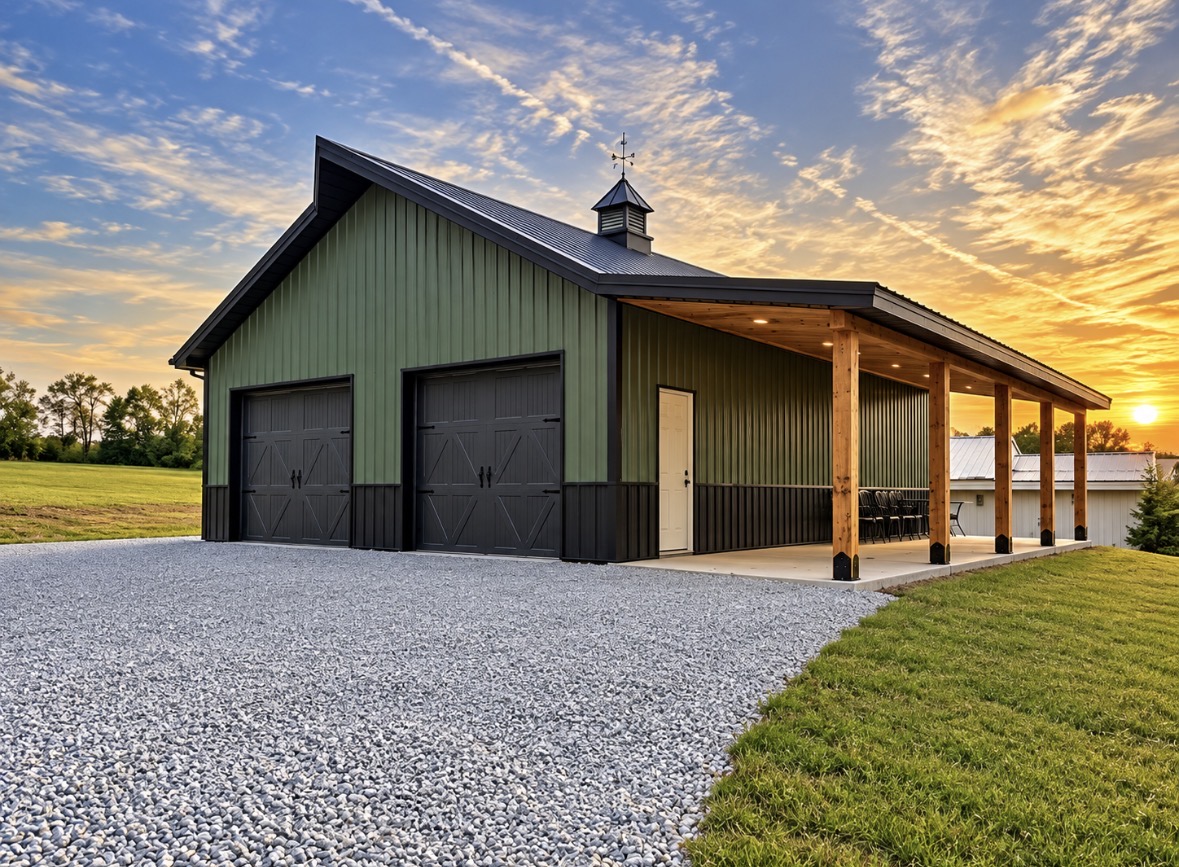 North Star barn NS-03 — green post-frame barn at sunset with cupola and a timber-post lean-to, Middle Tennessee