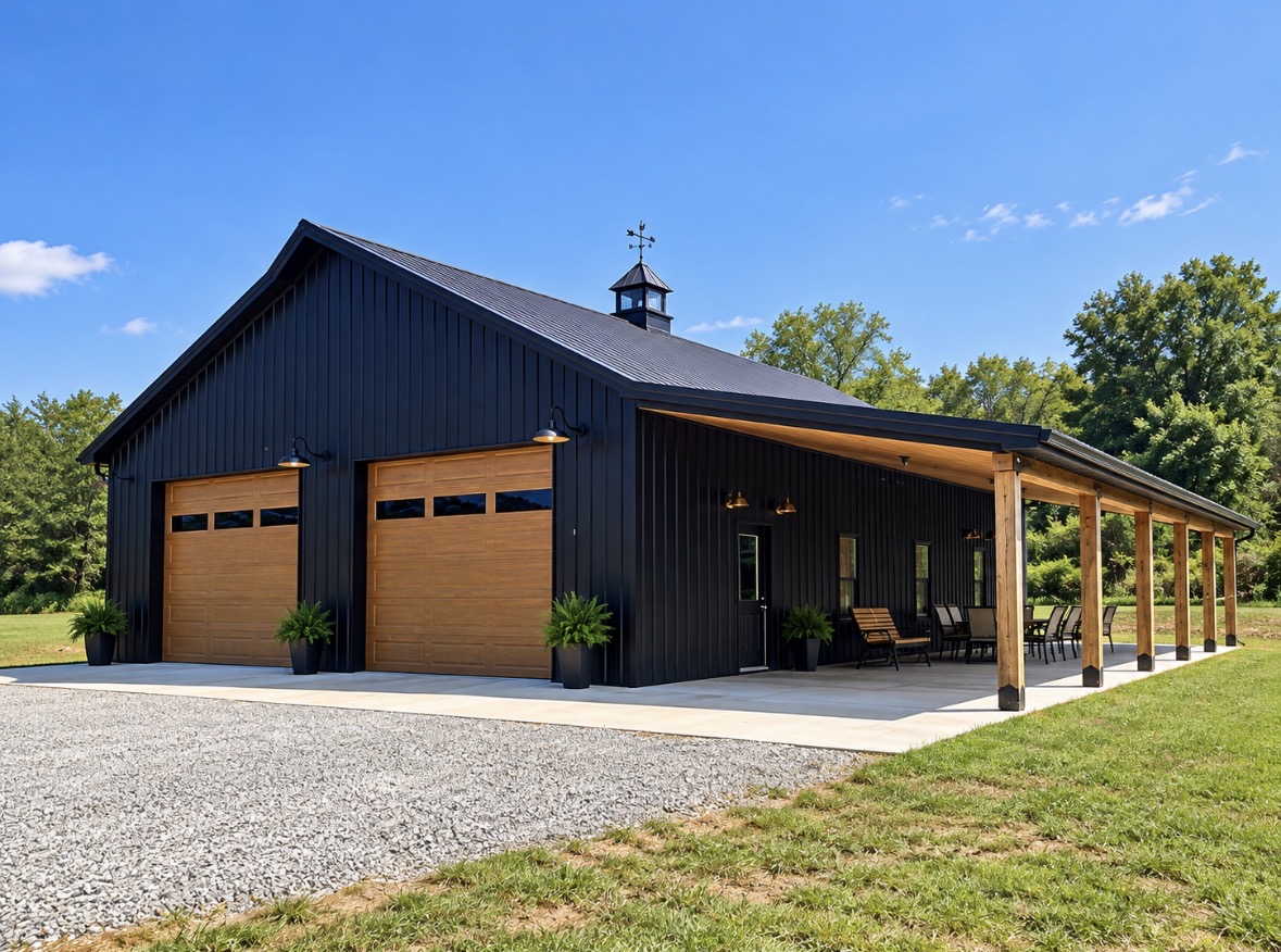 North Star barn NS-01 — black board-and-batten post-frame barn with two wood-tone overhead doors and a covered timber porch, Middle Tennessee