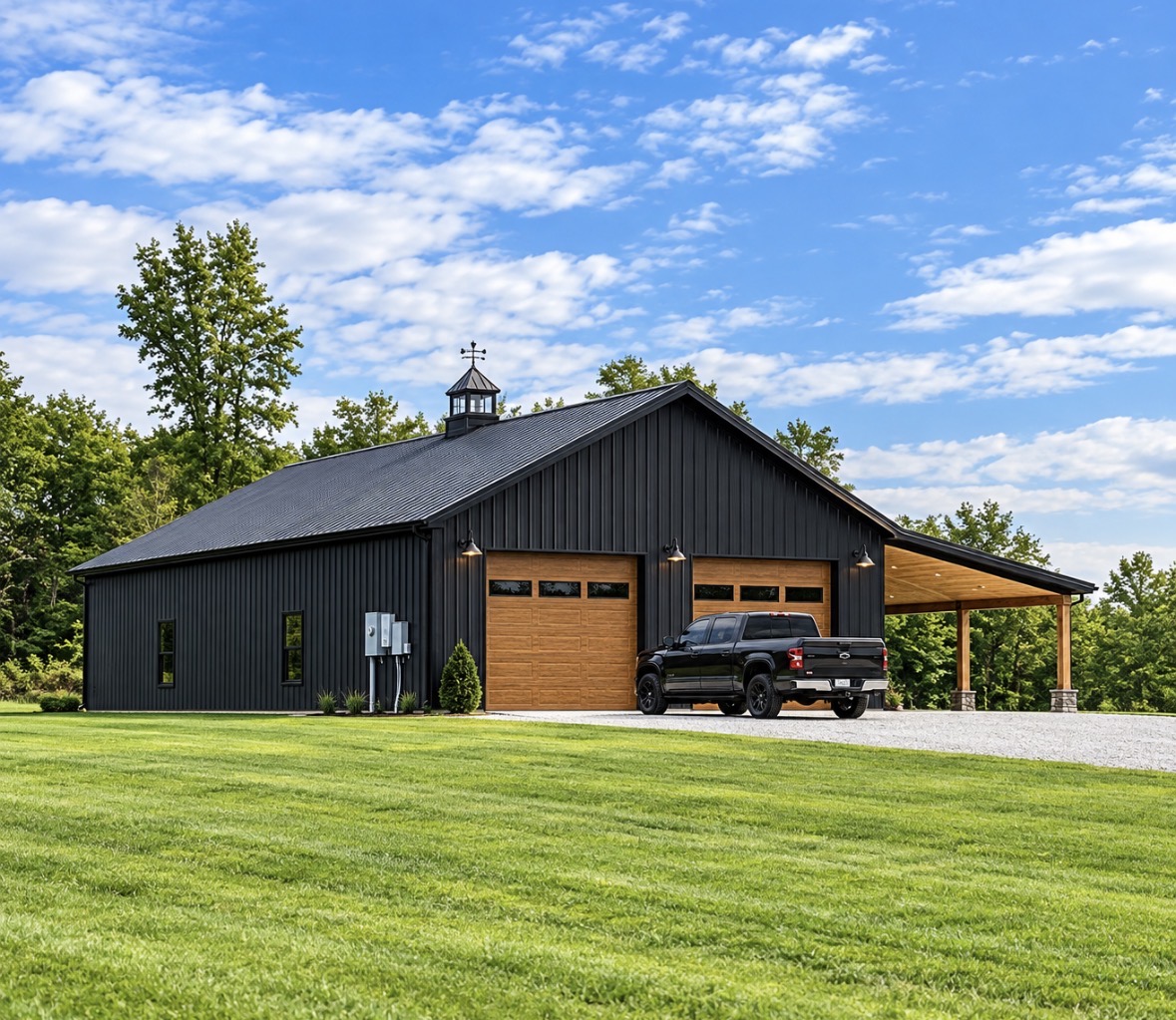 North Star barn NS-01 — black post-frame barn with cupola, wood-tone overhead doors and an open timber lean-to, Middle Tennessee