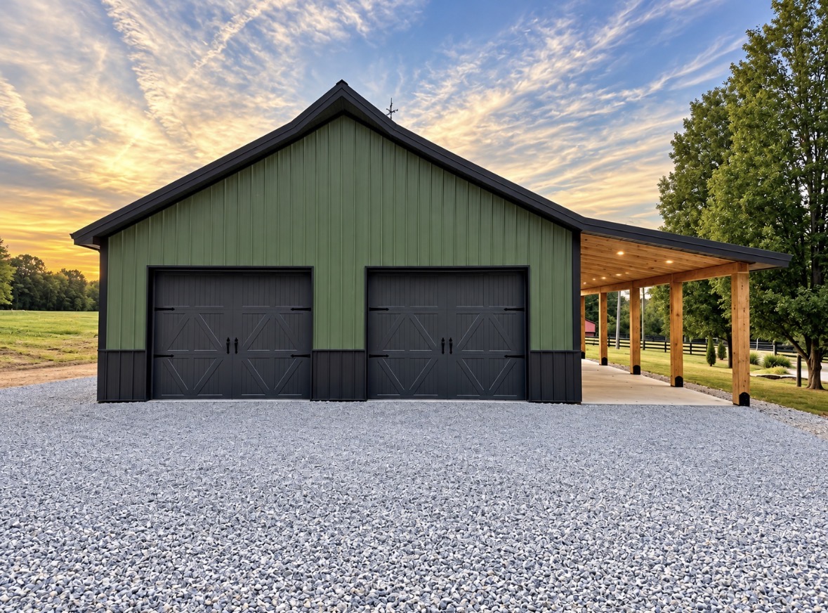 North Star barn NS-03 — green post-frame barn with black carriage-style overhead doors at sunset, Middle Tennessee