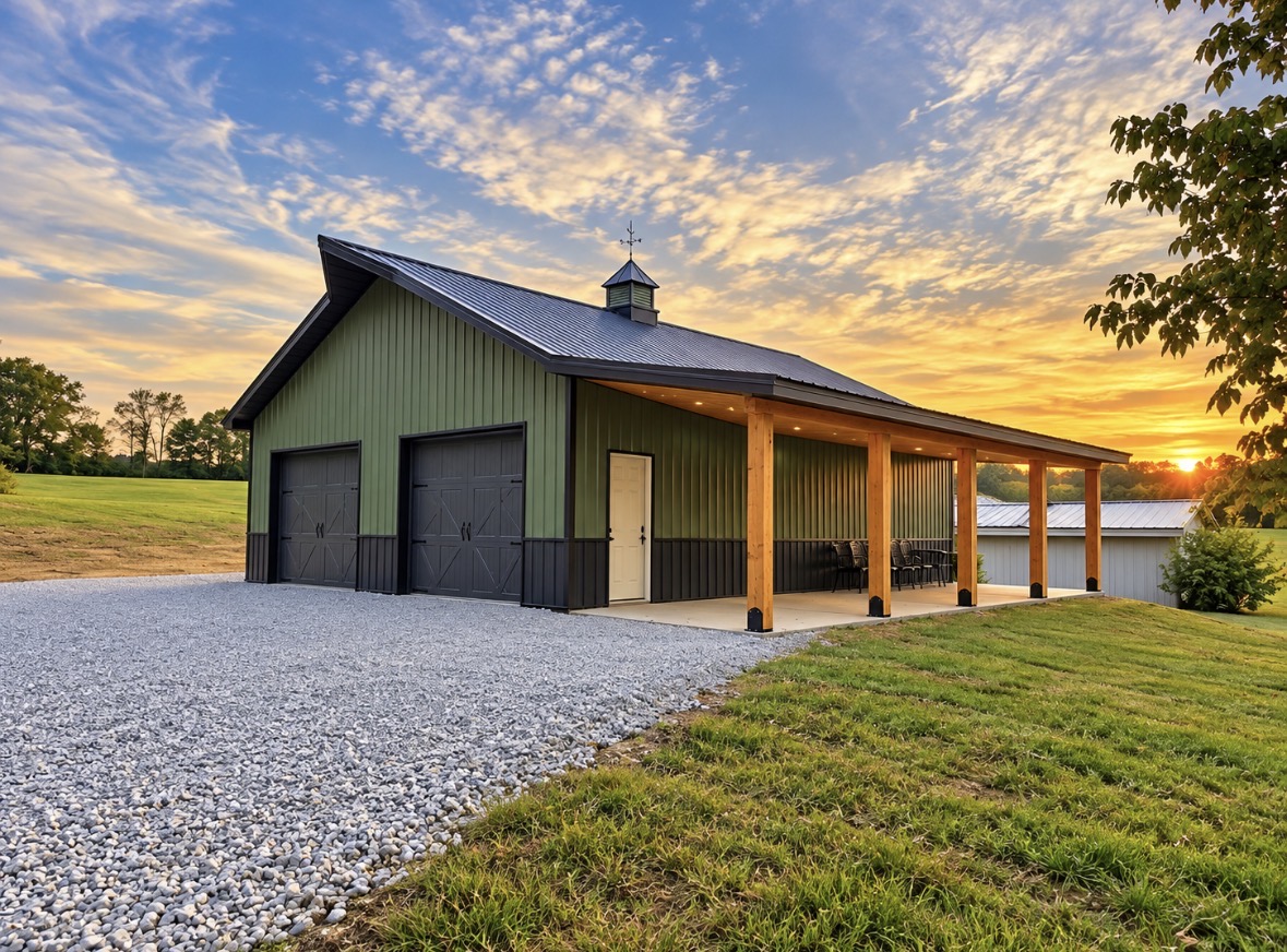 North Star barn NS-03 — green post-frame barn at sunset with black overhead doors and a long timber-post lean-to, Middle Tennessee