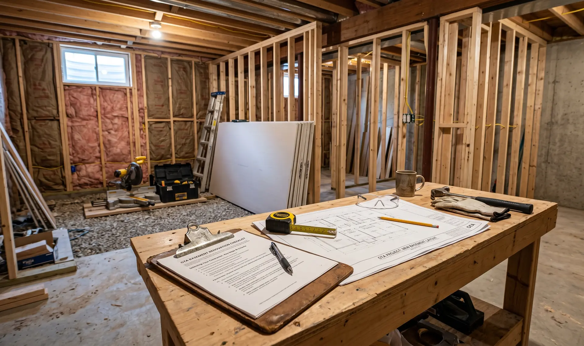 Basement permit drawings and tools on a work table — Ontario building permit guide