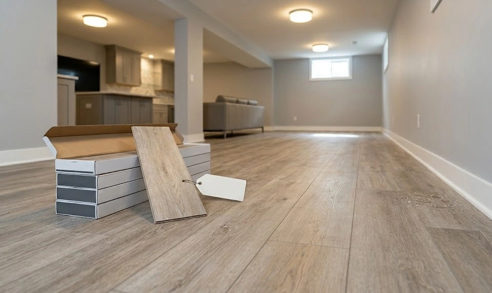 Luxury vinyl plank flooring in a finished basement