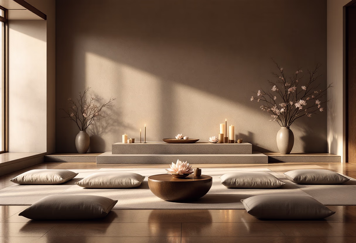 Salon zen minimaliste avec coussins au sol, bougies allumées, fleurs dans des vases et lumière naturelle douce.