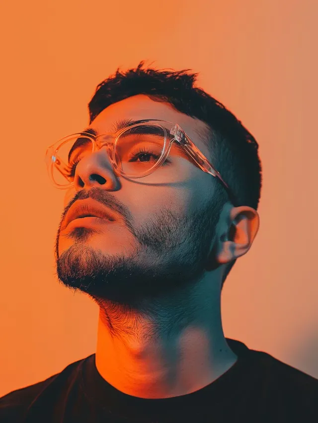 Bearded man wearing clear glasses looking upward with an orange background.